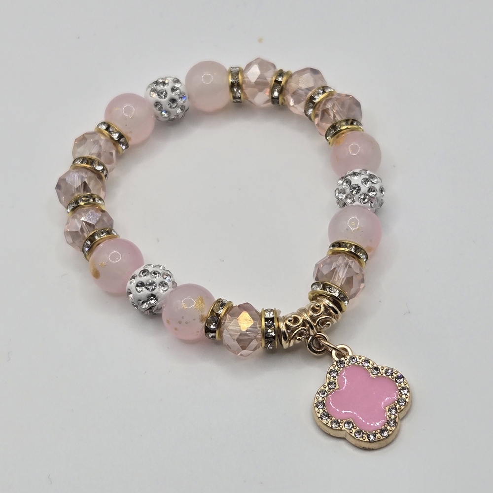Pink and Gold-Tone Glass Beaded Stretch Bracelet Clover Charm Feminine Girly